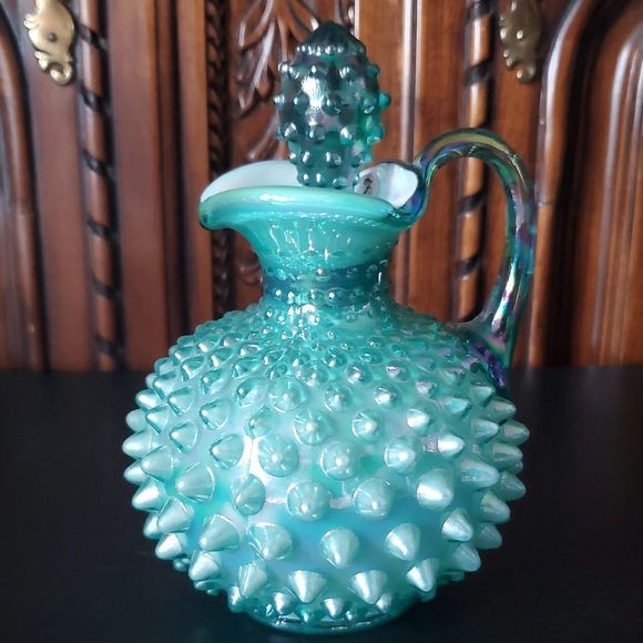 🥰 Fenton 6" Irredescent Hobnail Green Glass Overlay Cruet & Stopper 😍 - Picture 8 of 11